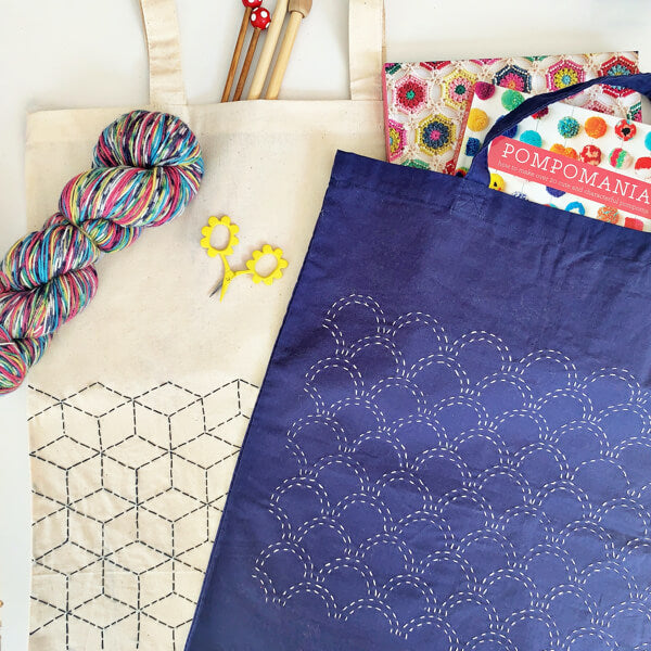 Sashiko embroidery workshop in London creating a Japanese stitched tote bag